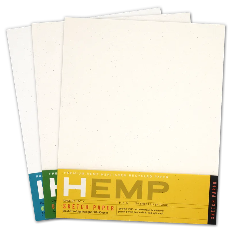 Fanned stack of Hemp Heritage sketch paper art packs, 11 x 14 inch, sketch pack in front